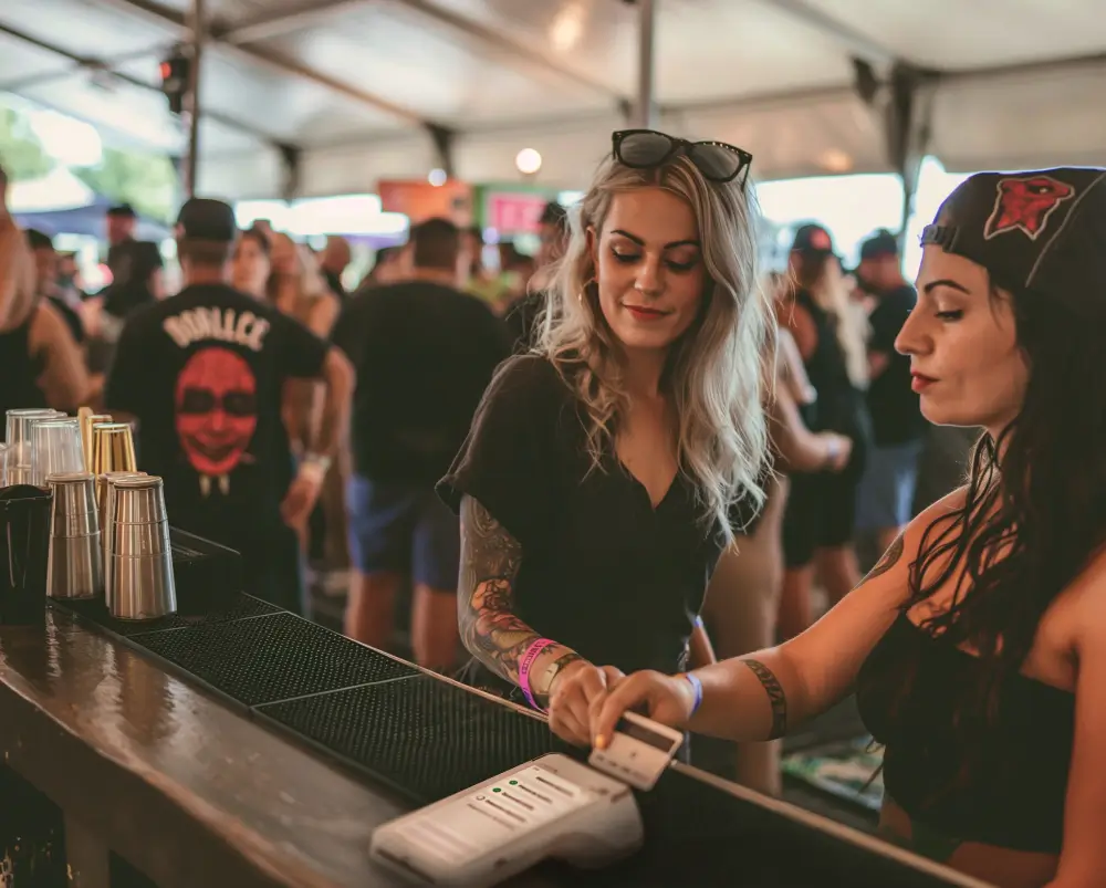 Leute, die auf dem Festival Getränke kaufen