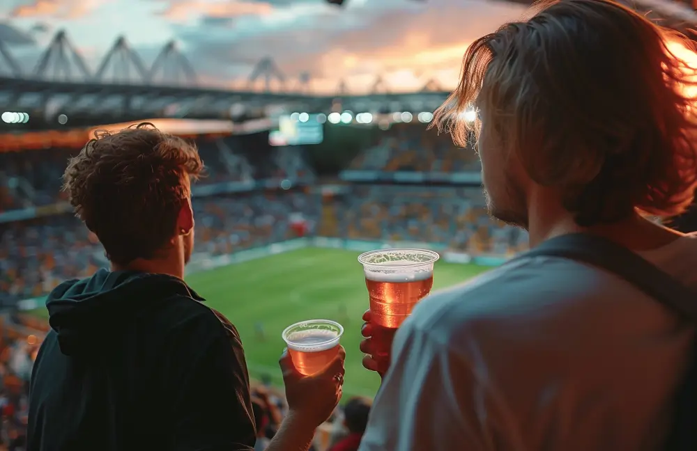 Menschen, die bei einem Fußballspiel Bier trinken.